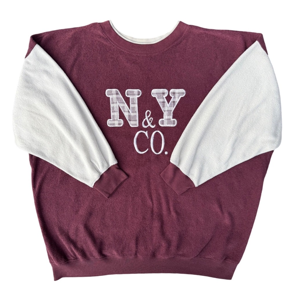 Vintage 1990s NY&Co Burgundy White Sweatshirt Embroidered Plaid Logo Big XL